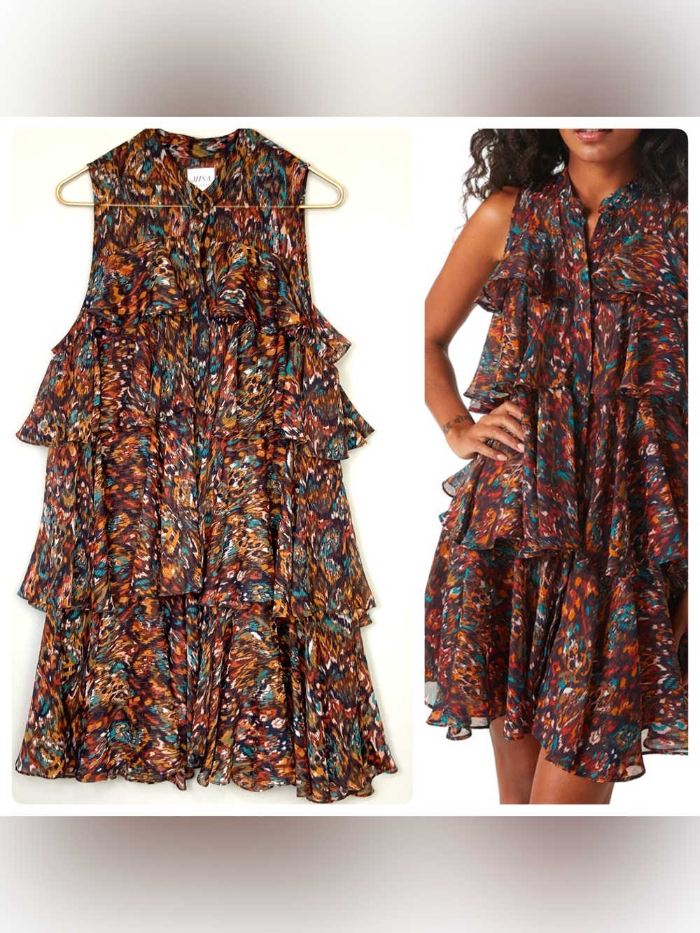 MISA Large Emogene Tiered Ruffle Chiffon Sleeveless Mini Dress Peacock Abstract